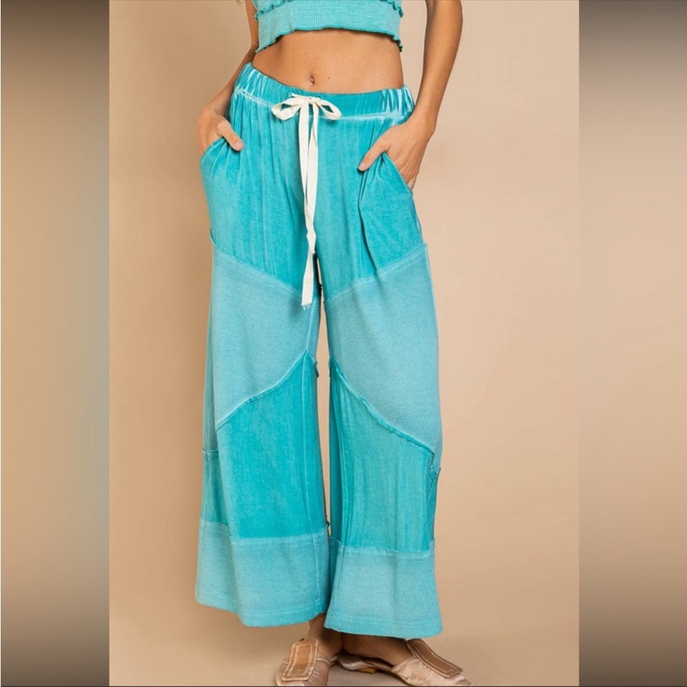 POL - AQUA GREEN Wide Leg Lounge Pants Lightweight Loose Knit Pants - Picture 12 of 12